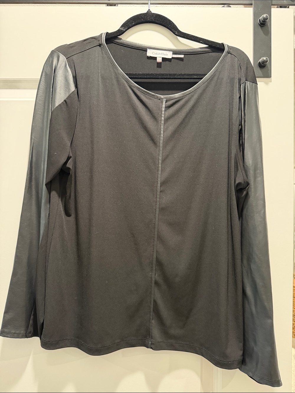 Calvin Klein Black Long Sleeve Top with Faux-Leather Sleeves